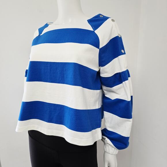 Maeve Anthropologie Sweatshirt Size S Blue Stripe Button Shoulder Puff Sleeve - Picture 4 of 8